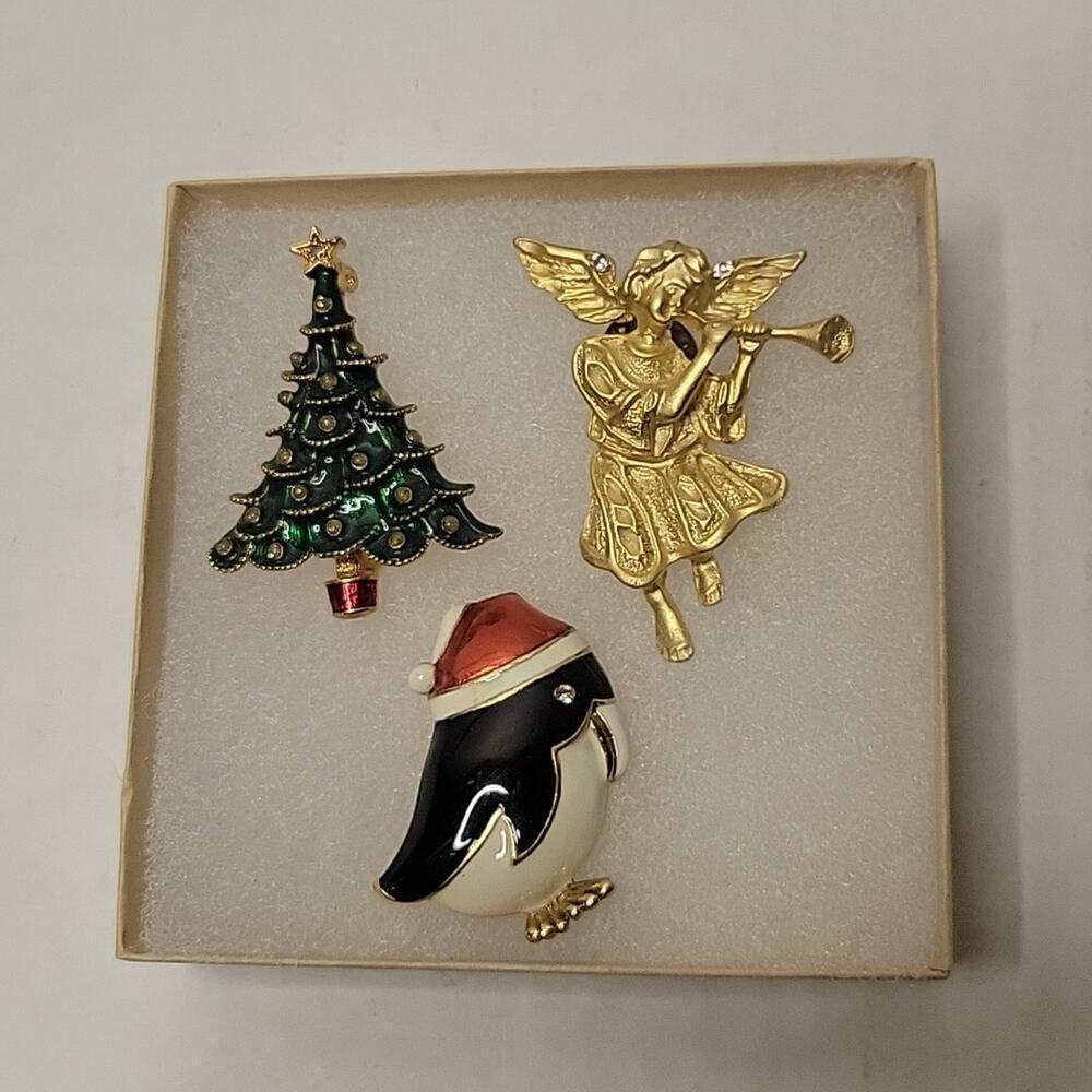 Set of 3 Christmas Tree Angel Penguin Holiday Classic Sparkle Gold Tone Brooches